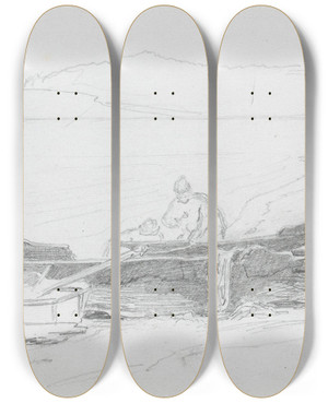 Triptych art skateboard deck of Hans Gude Bter Og Figurer P Stranden Chiemsee by Hans Gude (1825-1903)