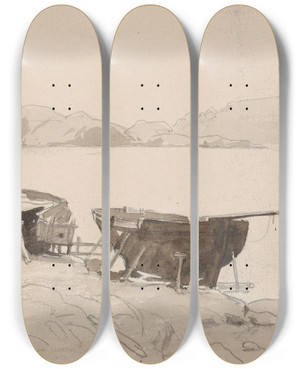 Triptych art skateboard deck of Hans Gude Fra Vrengen_3 by Hans Gude (1825-1903)