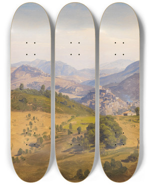 Triptych art skateboard deck of Johann Wilhelm Schirmer Landschaft Bei Civitella Mit Blick Nach Norden Auf Rocca Canterano by Johann Wilhelm Schirmer (1807-1863)