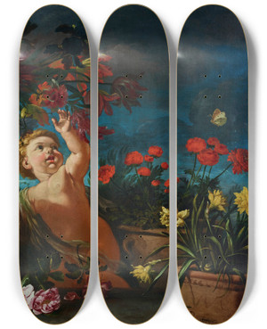 Triptych art skateboard deck of Abraham Brueghel Vases Of Flowers With Putti In A Landscape by Abraham Brueghel (1631-1697)