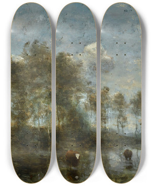 Triptych art skateboard deck of Jeanbaptistecamille Corot Trois Vaches Dans Un Marais by Jean-Baptiste-Camille Corot (1796-1875)
