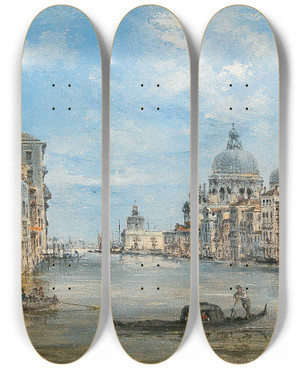 Triptych art skateboard deck of Giovanni Grubacs Venice A View Of The Grand Canal by Giovanni Grubacs (1829-1919)