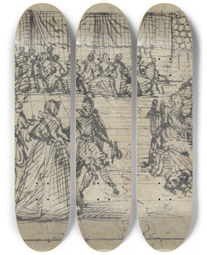 Triptych art skateboard deck of Jacques Callot Kavaliere Und Damen Beim Tanze Eine Dame Spielt Klavier Und Wird Von Einem Orchester Begleitet by Jacques Callot (1592-1635)