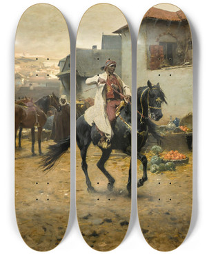 Triptych art skateboard deck of Jozef Brandt A Prizethoroughbred by Jozef Brandt (1841-1915)