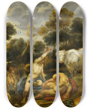 Triptych art skateboard deck of Jacob Jordaens Mercury Argus And Io by Jacob Jordaens (1593-1678)