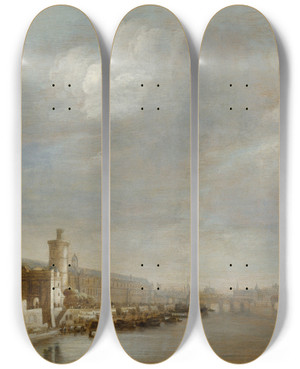 Triptych art skateboard deck of Abraham De Verwer La Grande Galerie Du Louvre Avec La Porte Neuve Et La Tour De Bois_1 by Abraham de Verwer (1585-1650)