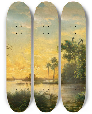 Triptych art skateboard deck of Esteban Chartrand Laguna Al Atardecer by Esteban Chartrand (1840-1884)