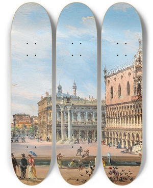 Triptych art skateboard deck of Giovanni Grubacs Venice A View Of Palazzo Ducale And Santa Maria Della Salute by Giovanni Grubacs (1829-1919)