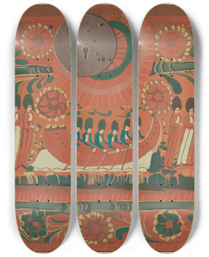 Triptych art skateboard deck of American 20Th Century Painted Chest by American 20Th Century