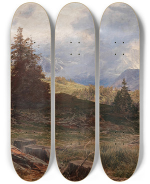 Triptych art skateboard deck of Heinrich Tomec Hirsch In Weiter Landschaft Mit Windbruch by Heinrich Tomec (1863-1928)