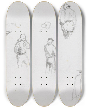 Triptych art skateboard deck of Hans Gude Studier Av Fisker Seilbt by Hans Gude (1825-1903)