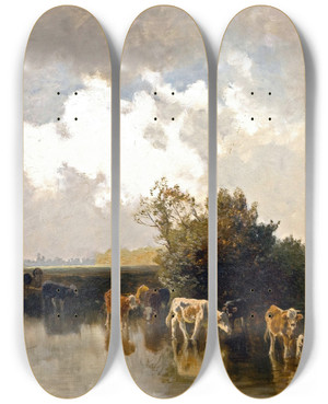 Triptych art skateboard deck of Joseph Wenglein Khe An Der Trnke Bei Abendstimmung by Joseph Wenglein (1845-1919)