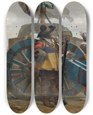 Triptych art skateboard deck of Jehan Georges Vibert On The Ramparts by Jehan Georges Vibert (1840-1902)