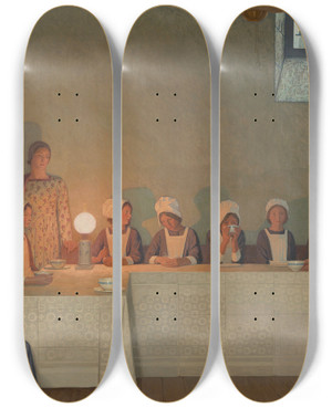 Triptych art skateboard deck of Frederick Cayley Robinson Orphan Girls Entering The Refectory Of A Hospital by Frederick Cayley Robinson (1862-1927)