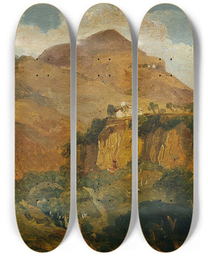 Triptych art skateboard deck of Carl Rahl Sdliche Berglandschaft by Carl Rahl (1812-1865)