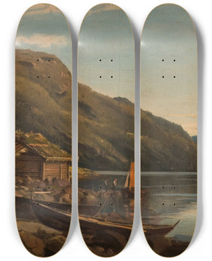 Triptych art skateboard deck of Amaldus Nielsen Fra Suldalsvann by Amaldus Nielsen (1838-1932)