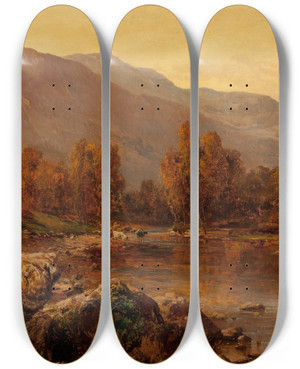 Triptych art skateboard deck of Alfred De Branski The Vale Of Llangollen by Alfred De Breanski (1852-1928)