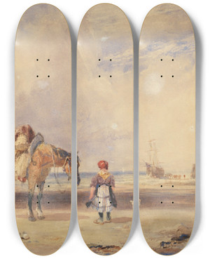 Triptych art skateboard deck of Samuel Austin The Beach At Ostend by Samuel Austin (1796-1834)