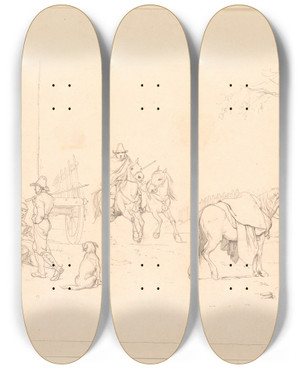 Triptych art skateboard deck of Johan Thomas Lundbye Campagnoler Udenfor Et Osteri by Johan Thomas Lundbye (1818-1848)