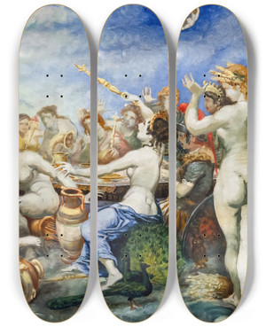 Triptych art skateboard deck of Jeanbaptiste Cariven The Feast Of The Gods by Jean-Baptiste Cariven (1843-1904)