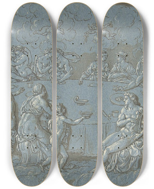 Triptych art skateboard deck of Circle Of Bernard Picart Feast Of The Gods by Circle Of Bernard Picart (1673-1733)