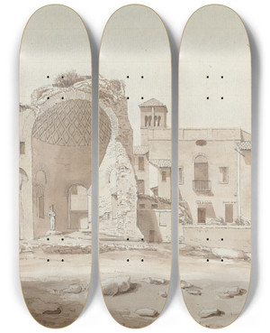 Triptych art skateboard deck of Lewis Vulliamy Temple Of Venus And Rome Palatine by Lewis Vulliamy (1791-1871)