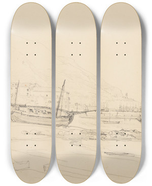 Triptych art skateboard deck of Jacquesraymond Brascassat Vue Dun Port Indtermin_1 by Jacques Raymond Brascassat (1804-1867)