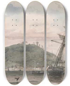 Triptych art skateboard deck of Michel Jean Cazabon San Fernando And Naparima Hill by Michel Jean Cazabon (1813-1888)