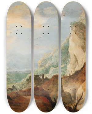 Triptych art skateboard deck of Joos De Momper A Mountainous Landscape With Travellers_1 by Joos de Momper (1564-1634)