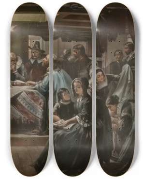 Triptych art skateboard deck of George Edward Perine Edwin White Signing Of The Compact In The Cabin Of The Mayflower by George Edward Perine (1837-1885)