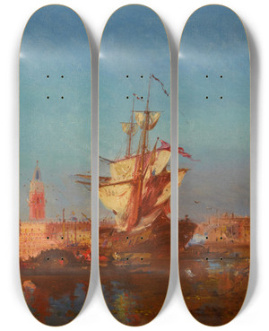 Triptych art skateboard deck of Henri Duvieux A View Of Venice by Henri Duvieux (1855-1882)