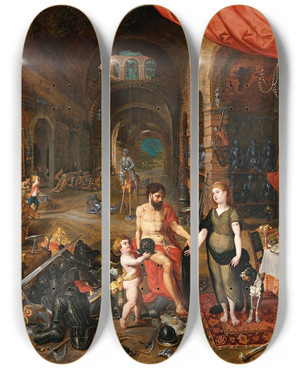Triptych art skateboard deck of Jan Brueghel The Younger Venus At The Forge Of Vulcan by Jan Brueghel the Younger (1601-1678)