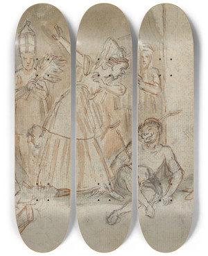 Triptych art skateboard deck of John Massey Wright The Rustics Perform From A Midsummer Nights Dream by John Massey Wright (1777-1866)