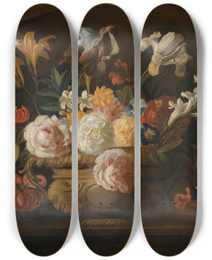 Triptych art skateboard deck of Jakob Bogdny Still Life Of Flowers In A Vase On A Marble Shelf by Jakob Bogdany (1660-1724)