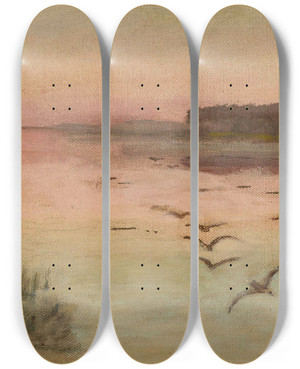 Triptych art skateboard deck of Jozef Chelmonski Lake At Dusk by Jozef Chelmonski (1849-1914)