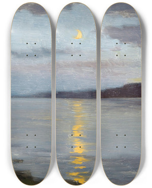 Triptych art skateboard deck of Ferdinand Brunner A Moonlit Night On A Lake by Ferdinand Brunner (1870-1945)