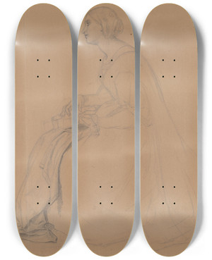 Triptych art skateboard deck of Jzef Simmler Study Of A Lady Playing A Lute And Drapery For The Painting The Upbringing Of Sigismund Augustus by Jozef Simmler (1823-1868)