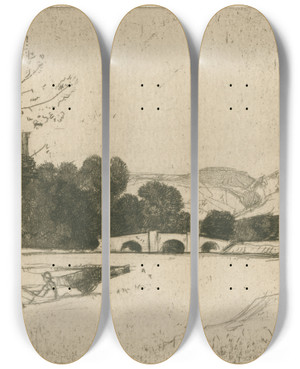 Triptych art skateboard deck of David Young Cameron On The Wye At Haddon by David Young Cameron (1865-1945)
