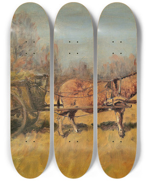 Triptych art skateboard deck of Gza Mszly Heuwagen by Geza Meszoly (1844-1887)