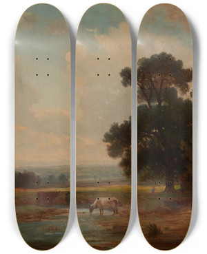 Triptych art skateboard deck of Jzef Szermentowski Landscape With Cows At A Wateringplace by Jozef Szermentowski (1833-1876)