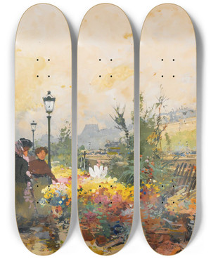 Triptych art skateboard deck of Eugne Galienlaloue Le March Des Fleurs La Cit by Eugene Galien Laloue (1854-1941)
