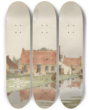 Triptych art skateboard deck of Hendrik Abraham Klinkhamer Blekerijen Achter Een Vaart by Hendrik Abraham Klinkhamer (1810-1872)