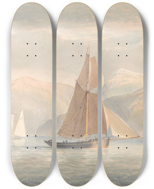 Triptych art skateboard deck of John Christian Schetky Boat Sailing To The Right With Mountains In The Background by John Christian Schetky (1778-1874)