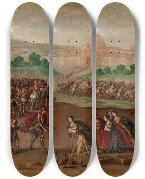 Triptych art skateboard deck of Circle Of Juan De La Corte Abigail Presents Gifts To David by Circle of Juan de la Corte (1597-1660)