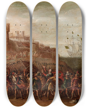 Triptych art skateboard deck of Circle Of Juan De La Corte Deborah And Barak Against Sisera by Circle of Juan de la Corte (1597-1660)