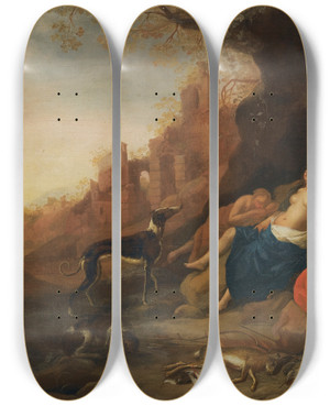 Triptych art skateboard deck of Bartholomeus Breenbergh Diana And Her Nymphs Resting After A Hunt With Two Satyrs Spying On Them_1 by Bartholomeus Breenbergh (1598-1657)