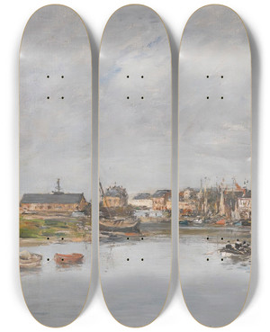 Triptych art skateboard deck of Eugne Boudin Trouville Le Port_1 by Eugene Boudin (1824-1898)