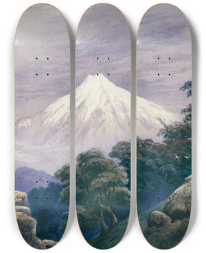 Triptych art skateboard deck of John Hoyte Mt Egmont by John Hoyte