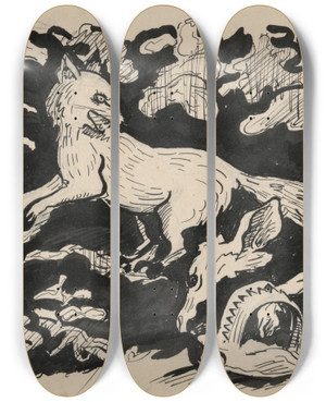 Triptych art skateboard deck of Arnold Peter Weiszkubnan Fox In A Trap by Arnold Peter Weisz-Kubnan (1898-1944)