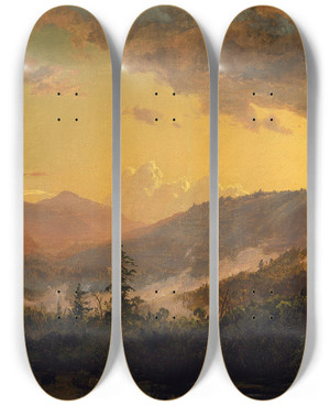 Triptych art skateboard deck of Jasper Francis Cropsey Sunset After A Storm In The Catskill Mountains by Jasper Francis Cropsey (1823-1900)